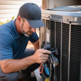 Technician-checks-the-air-conditioner-system-next-to-a-home.-HVAC-condenser-technical-inspection.-