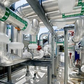 Maze of insulated pipes for a rooftop HVAC installation.