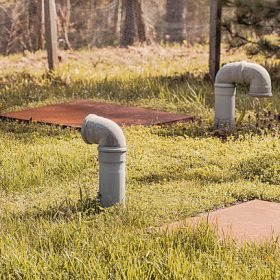 Septic tank system with ventilation pipes and metal covers on a grassy field